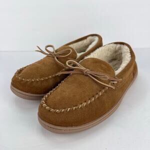 EUC MySlipper Men's Size 9 Chestnut Moccasin Leather FAUX FUR LINING Slippers